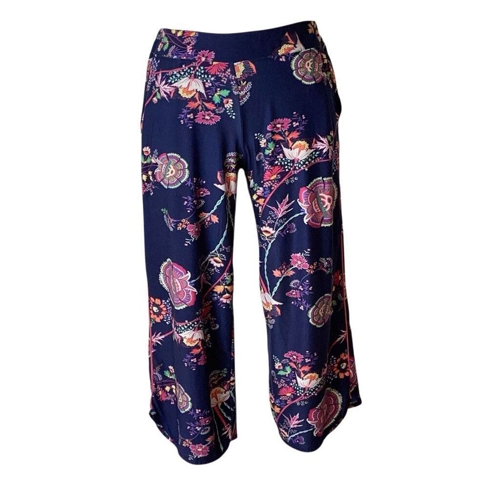 Soma Floral Cropped Pajama Lounge Pants Navy Stretch Capri Size Medium - Picture 2 of 10